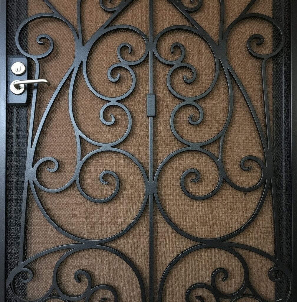 Decorative security screen door with ornamental scrollwork detail