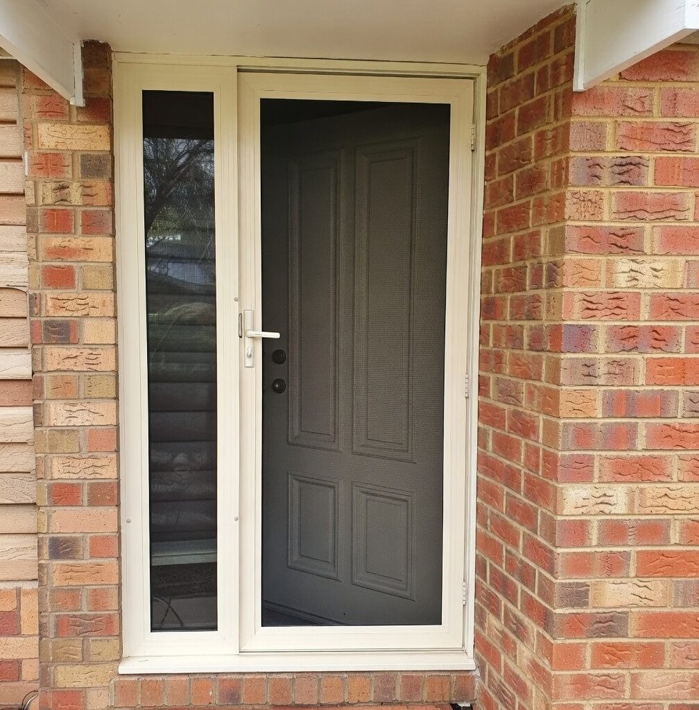 Hinged security screen door with black fine mesh and cream frame, brick home