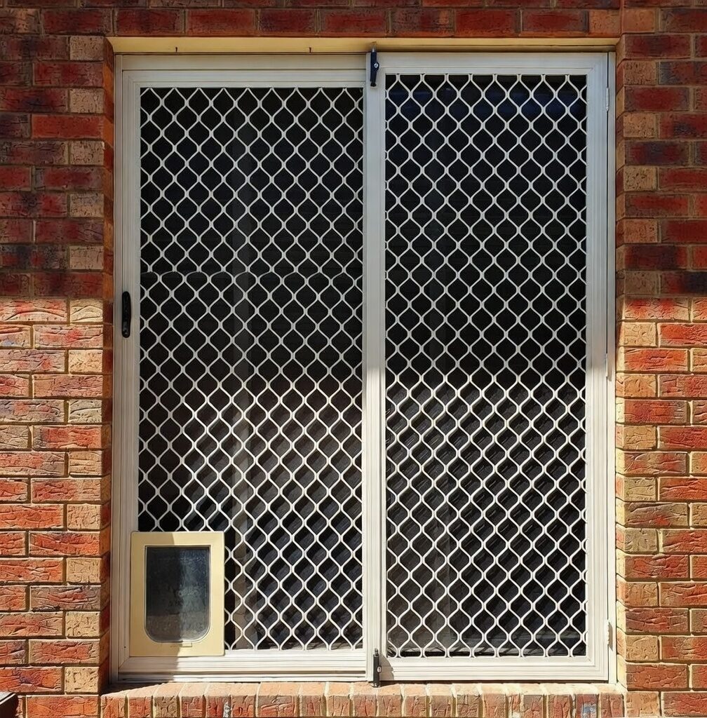 Double sliding security screen doors with diamond mesh, residential installation northern Melbourne
